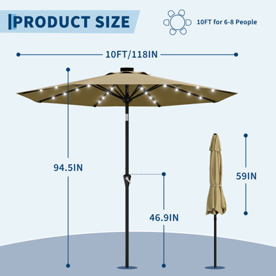 10FT LED Patio Umbrella with 180° Tilt Built-in Solar Lights Crank Waterproof Polyester