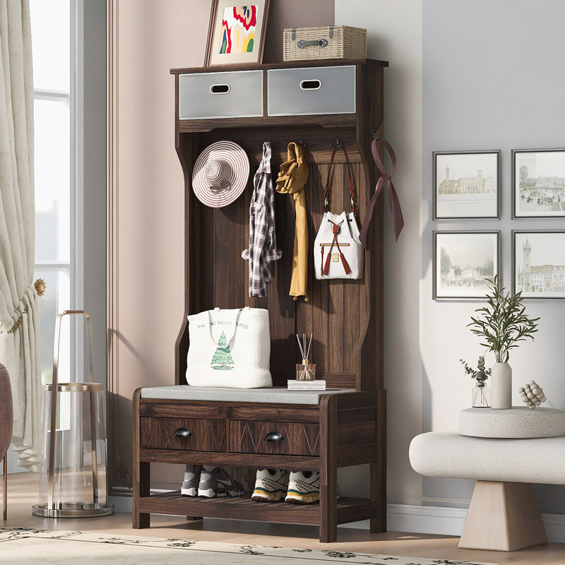 Versatile Hall Tree with Multiple Storage Options for Entryways, Brown