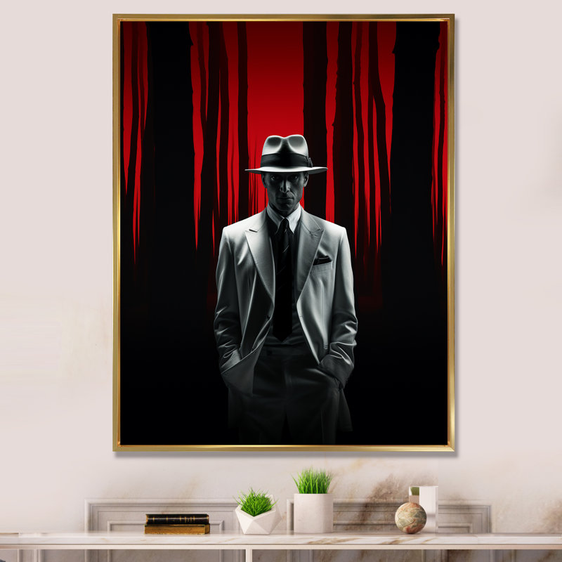 Portrait rétro d'un homme noir et blanc avec un chapeau, Cadre flottant doré, H 40 po x l 30 po x P 1,5 po