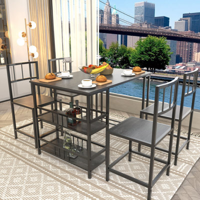 Ensemble de table et de chaises rectangulaires, table de cuisine de style industriel avec étagères de rangement latérales, mobilier de salle à manger avec structure en métal et aspect bois pour petite salle à manger d'appartement.