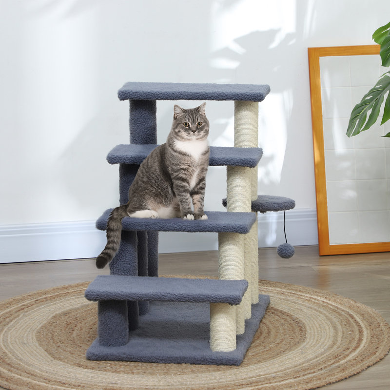 Escalier pour chat à 4 niveaux, escalier pour animaux avec échelle tapissée, grimpeur pour arbre à chat avec poteaux à griffer, ballon de jeu suspendu, marche latérale, pour lit haut, canapé