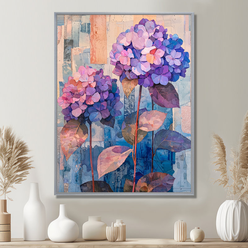 Collage abstrait floral d'hortensia I - art mural hortensia, Argent argent, Reproduction avec cadre flottant