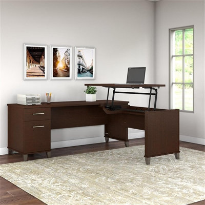 Bureau assis-debout en forme de L, bureau de coin debout réglable en hauteur à 3 positions, table d'ordinateur ergonomique pour bureau à domicile, finition cerisier moka