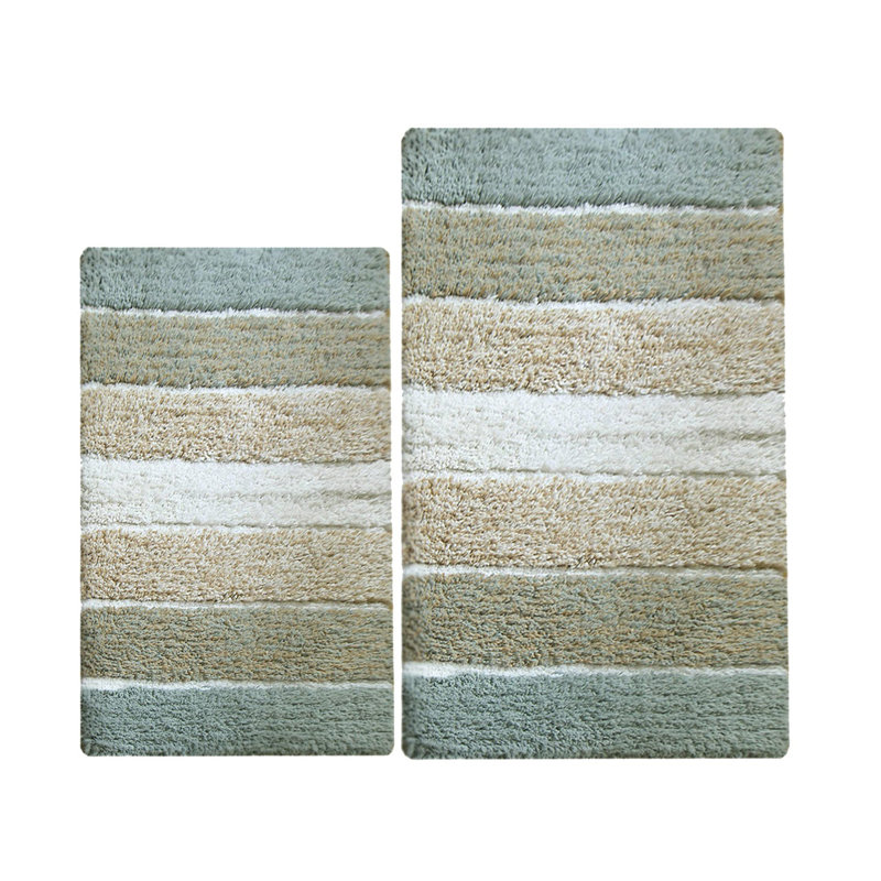 Cervantes 100% Cotton Non-Slip Bath Rug, Gray/Beige, 21''x34''/17''x24''