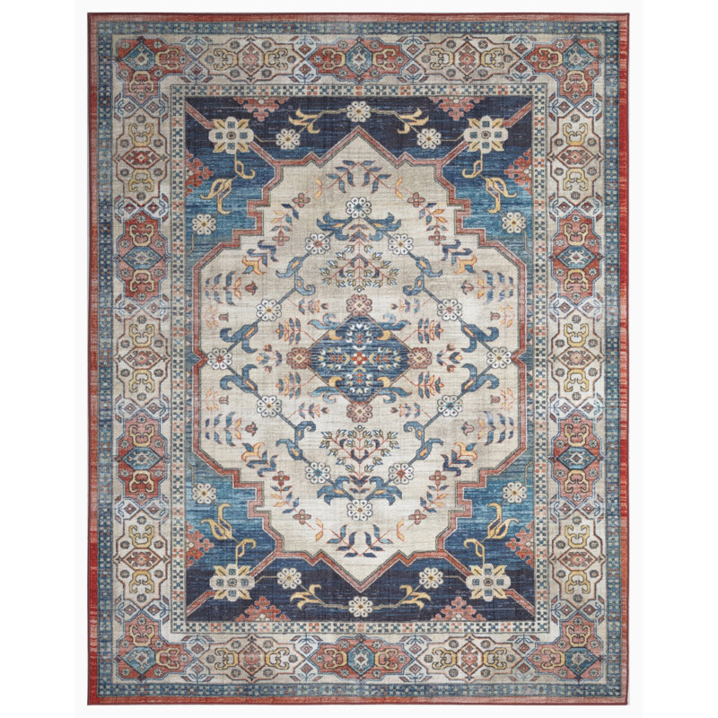 Lyanne Washable Non-Slip Medallion Ivory/Navy Area Rug, Rectangle 7'10" x 10'