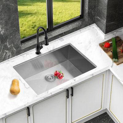 26" Single Bowl Undermount Stainless Steel Kitchen Sink, 16 Gauge 9 Inch Deep With Drain Assembly, X - Shaped Water Movement Design For Quick Evacuation, Thick Coating To Condensation And Noise