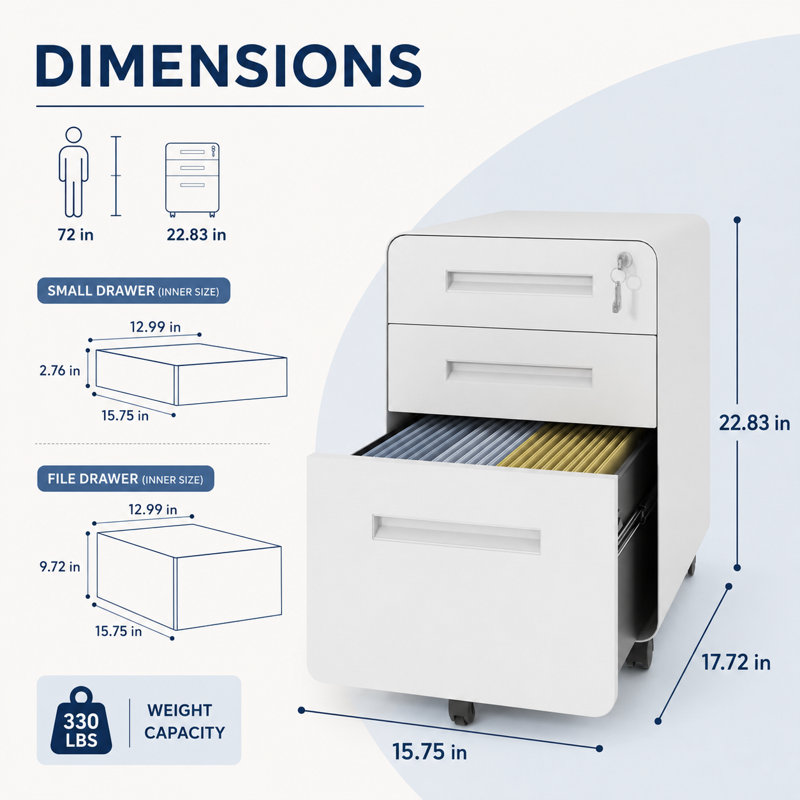 Classeur vertical blanc mobile à 3 tiroirs avec serrure, coins arrondis accrédités BIFMA pour le bureau à domicile, Blanc