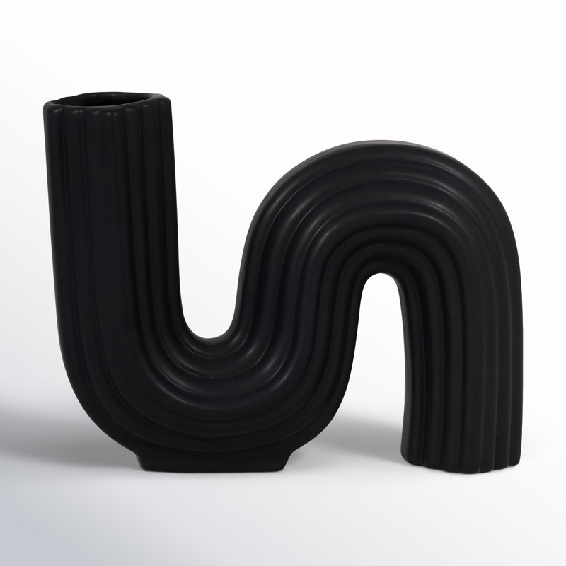 Stoneware Ceramic Vase with Sculptural Curved Shape and Ribbed Textured Design, Black