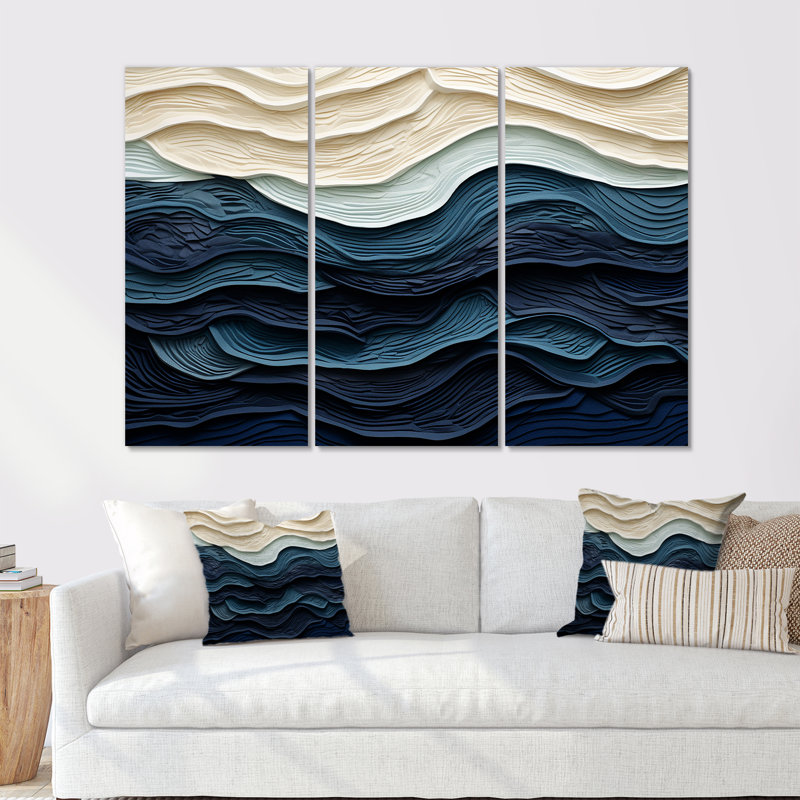 Bord de mer bleu et blanc - art mural minimaliste côtier, H 40 po x l 60 po x P 1 po, Toile tendue