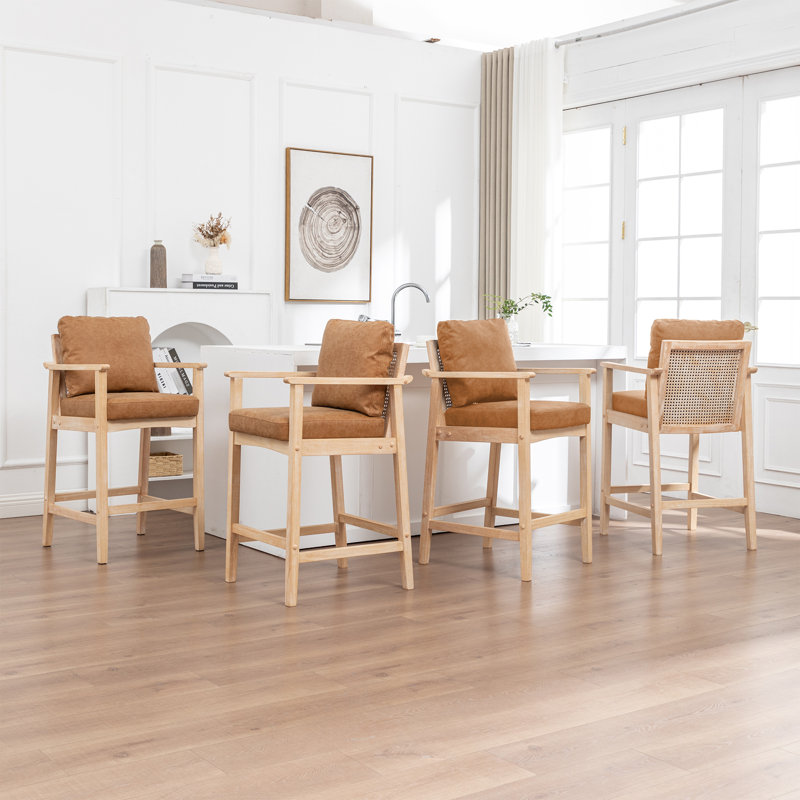 Willbanks Vintage Solid Wood Rattan Bar Stools (Set Of 4), Brown