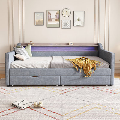 Twin Size Daybed With 2 Storage Drawers And 2-Tier Shelf & /USB/Type-C Port, Modern Linen Upholstered Sofa Day Bed Frame With  Smart LED Light For Livingroom, Apartment,Light Grey