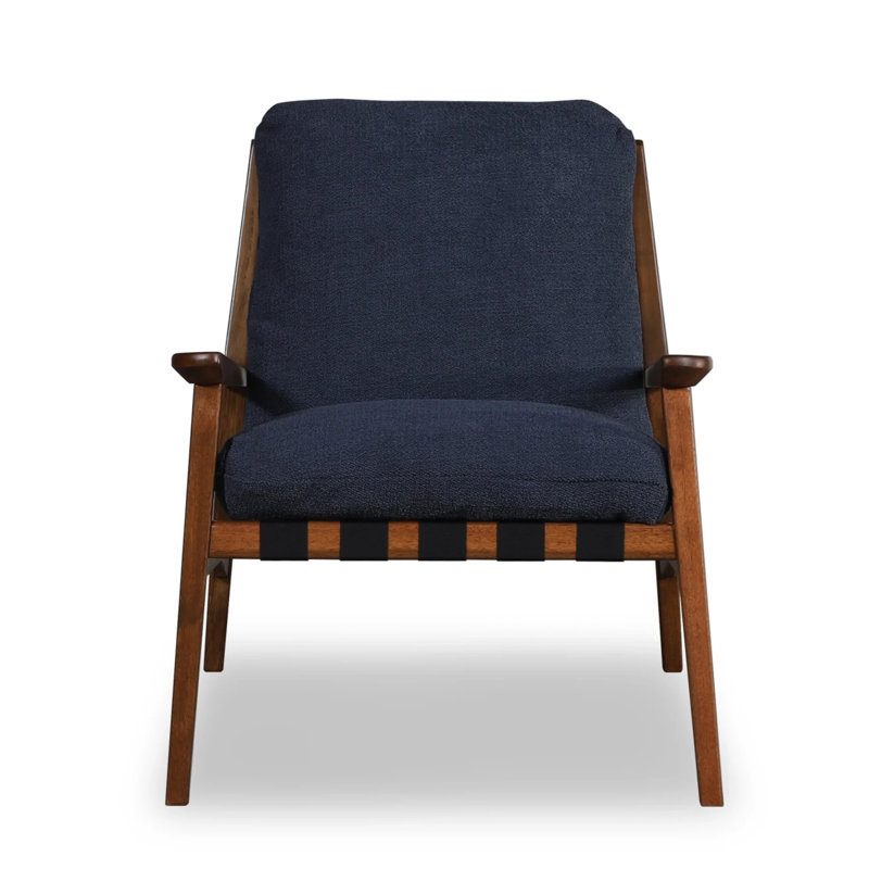 Mid Century Solid Wood Lounge Chair, Indigo Blue Linen Blend, Beechwood