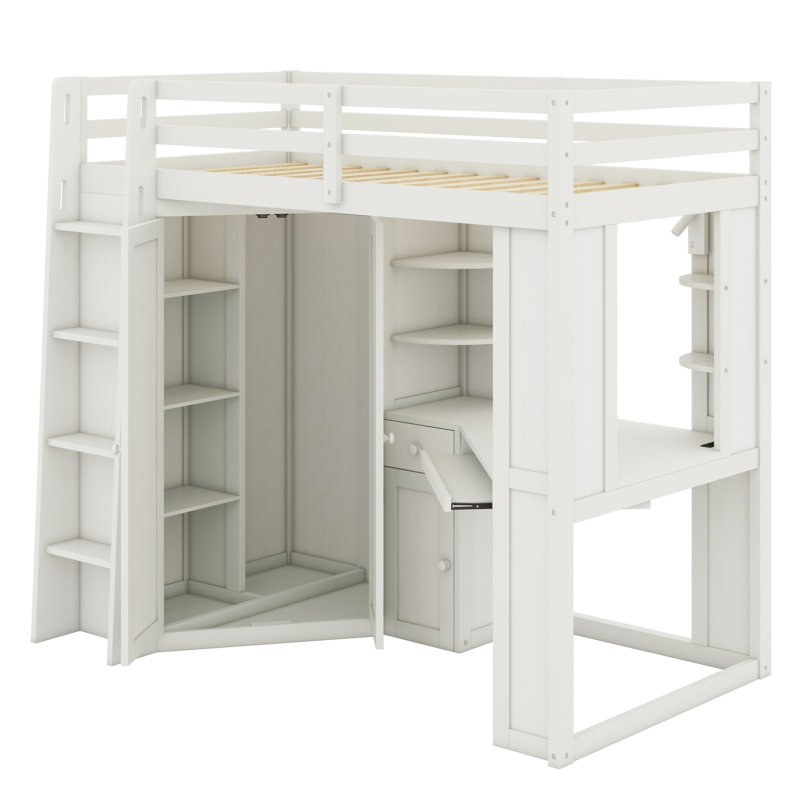 Lit mezzanine polyvalent avec garde-robe de rangement, bureau avec plateau à clavier coulissant et station de charge