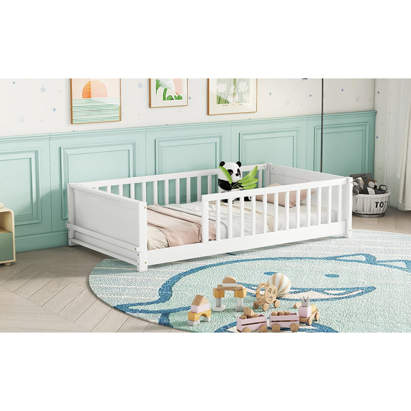 Strong White Twin Floor Bed With Book Shelving - Practical Functionality Shelf, Efficient Assembly, White