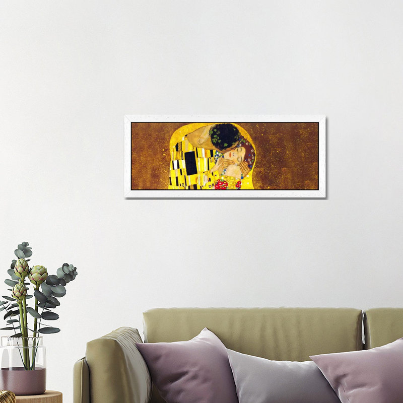 The Kiss by Gustav Klimt - Floater Frame Panoramic Painting on Canvas, White, 152.4 cm H x 50.8 cm W
