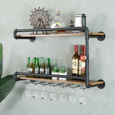 Wine Rack Wall Mounted 2 Tier, Hanging Floating Bar Liquor Shelves With Glass Holder Storage Under, Industrial Rustic Pipe Farmhouse Kitchen Decor Black(35.4X10.6X19.7)