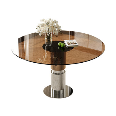 Table de salle à manger ronde en verre 35 po - Table de cuisine moderne en verre trempé brun avec base en acier inoxydable