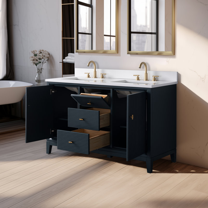 Meuble-lavabo autoportant à double cuve 54 po avec plateau en marbre Caldwell, Blanc Arabescato, Bleu épinette rétro