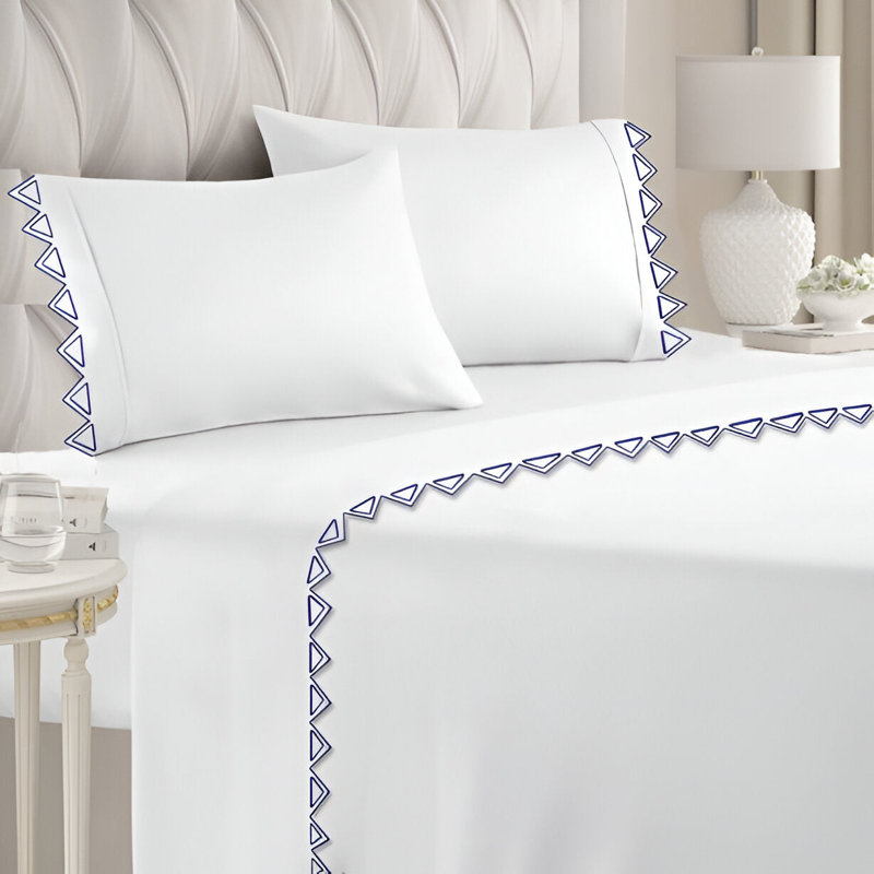 Ashley 400TC Cotton Traingle Embroidery Cotton 4 Piece Sheet Set Fitted Sheet Fits Upto 16" Deep Pocket, Queen Sheet Set