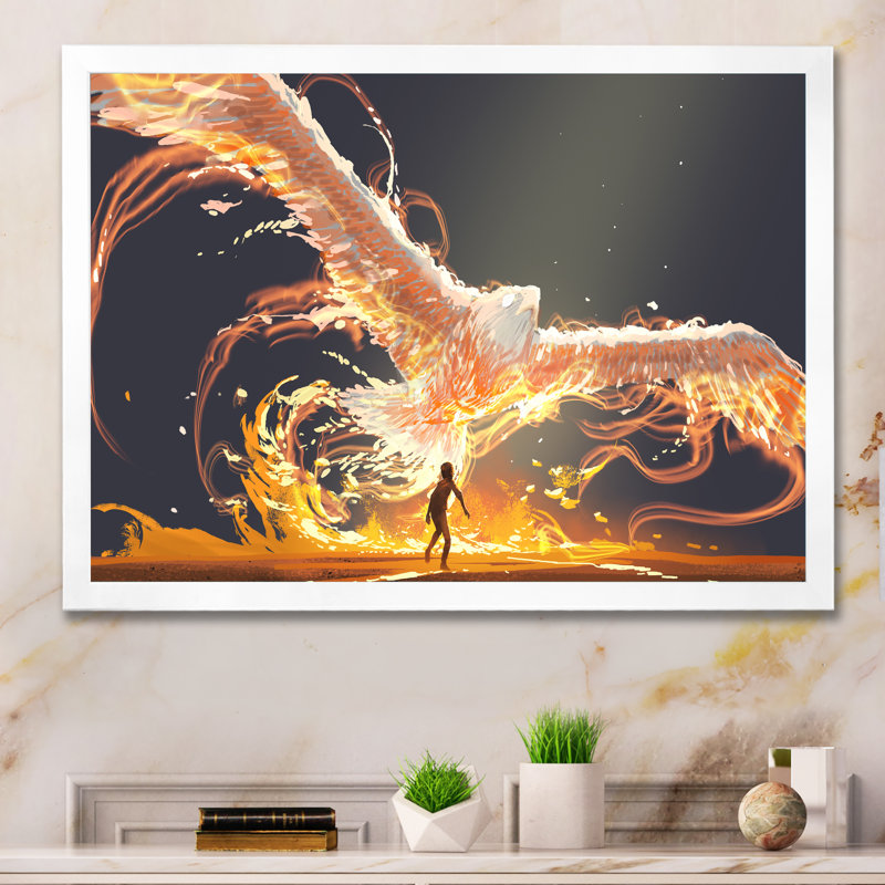 Jeu vidéo Phoenix Bird Flying - peinture sur toile, H 16 po x l 32 po x P 1 po, Cadre de coin blanc fermé