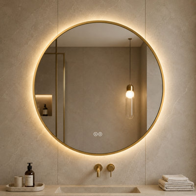 Miroir de salle de bain rond à rétroéclairage à DEL de 36 po x l 36 po avec cadre doré, anti-buée et à intensité variable 3 couleurs