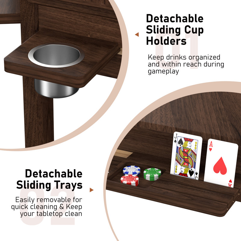 Table de jeu hexagonale en bois massif pour 4 à 6 personnes avec plateau amovible, tapis de jeu, 6 porte-gobelets et plateau pour passe-temps