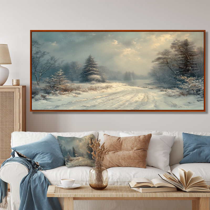 «White Grey Winter route into forest III - Winter Landscape», art mural sur toile, H 28 po x l 60 po, Cadre flottant brun
