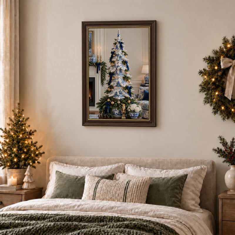 Blue and White Ceramic Tree with Greenery Christmas Canvas Wall Art, 18"H x 12"W