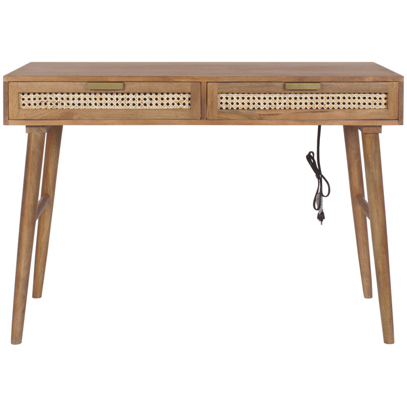 Natural Acacia Wood Desk with Cane Drawers and Built-in Power Outlet