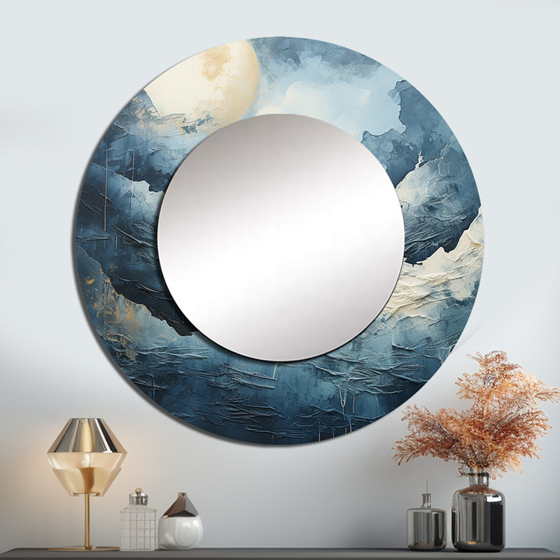Rous noir et blanc mystique clair de lune montagne rivière - miroir mural rond traditionnel, art imprimé en métal
