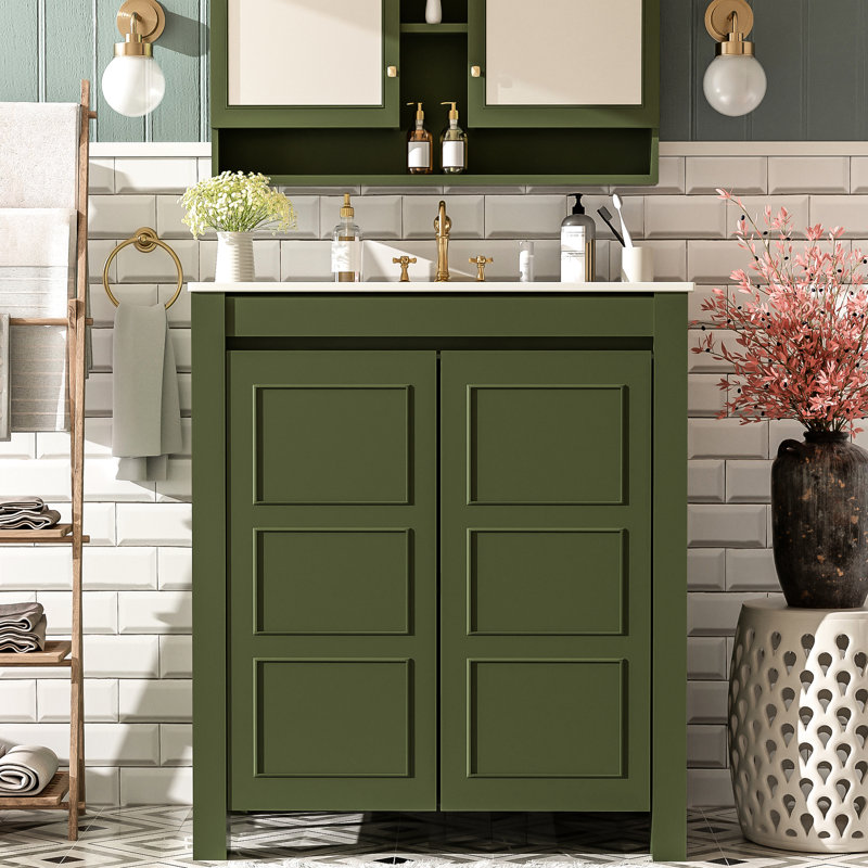 Meuble-lavabo de 30 po de couleur olive avec lavabo en céramique, portes à fermeture en douceur et conception spacieuse de 30 po avec rangement