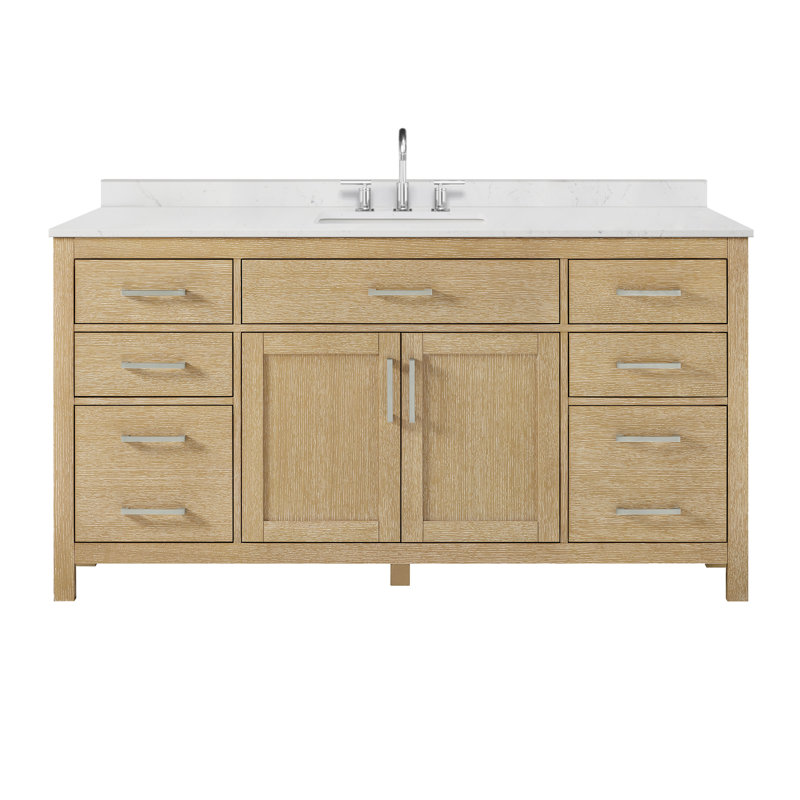 Beckett 66" Freestanding Single Bathroom Vanity with Quartz Top, Whitewashed Oak, Brushed Nickel, White Quartz