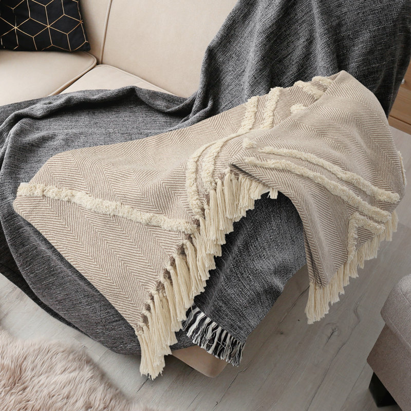 Beige and Cream Cotton Fringe Throw Blanket, 50" x 60"