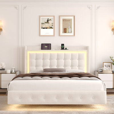 Upholstered Platform Bed with LED Lights, Charging Port, Floating Bed