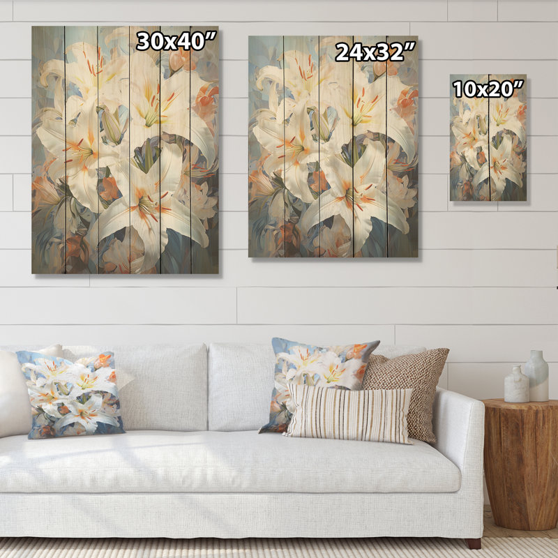 Beige et jaune pure Lily Beauty Whispers I - lys, art mural sur bois de pin naturel, H 40 po x l 30 po