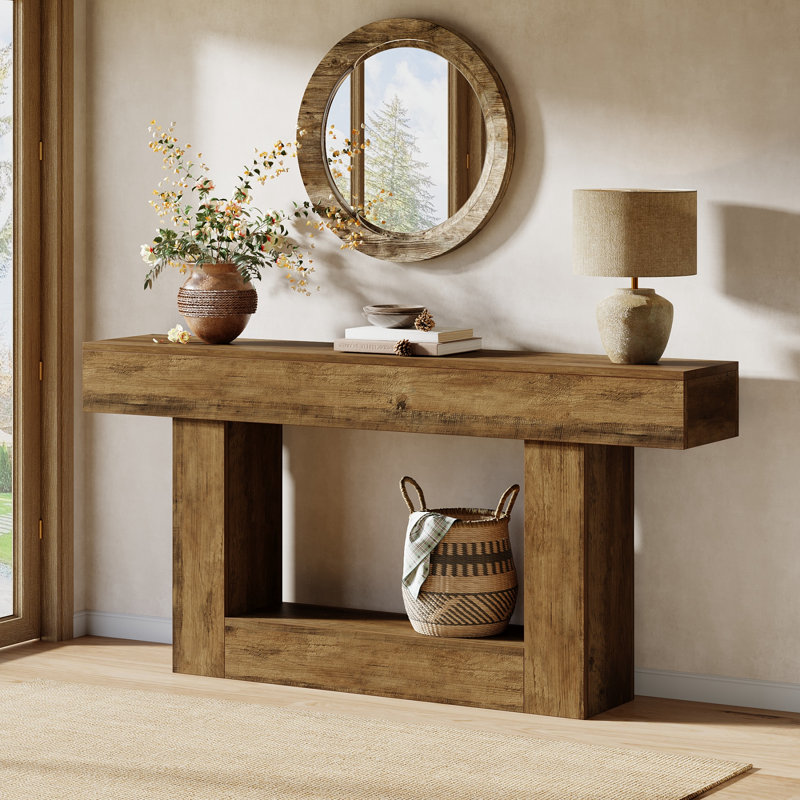 63" Farmhouse Console Table With 2-Tier Shelves, Entryway Table with U-Shaped Base, Narrow Long Sofa Table for Hallway, Foyer