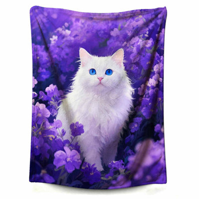 Couverture pour chat moelleux blanc en fleurs mauves, jeté en laine douce et confortable, jetés pour canapé, voiture de bureau, camping, yoga, voyage, décoration de la maison, cadeau de plage en peluche douillette