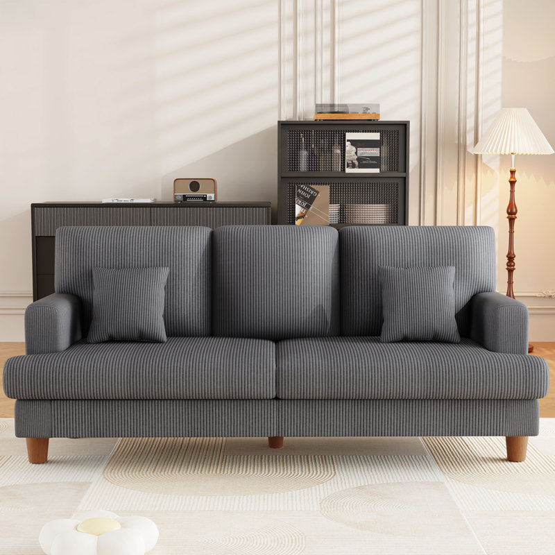 220cm Corduroy Sofa with 3 Seats, No Tool Assembly,Solid Wood Frame and Solid Wood Legs, Grey