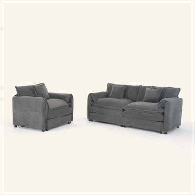 Ensemble de fauteuils de canapé et de causeuse 2 pièces, siège profond, ensemble de canapé-lit en tissu d'ameublement en chenille moderne avec 3 coussins pour le salon, la chambre à coucher et le bureau