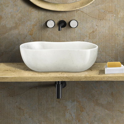 White Marble Bathroom Sink, 7.1 Inches High, Semi - Polished, And Elegant Natural Wavy Design, 14.2 Wide, Pre Drilled For Effortless Installation