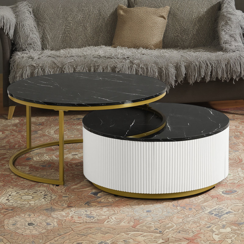 Table basse gigogne moderne de 31,5 pouces de couleur noire et dorée + ornements à rainures, avec tiroirs intégrés pour un rangement facile