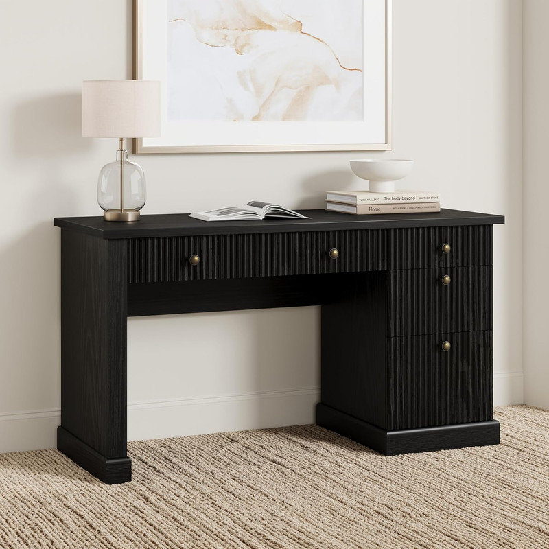 Bureau de direction 54 "avec détails cannelés et station de charge - Bureau d'ordinateur en bois avec tiroirs classeurs, Noir