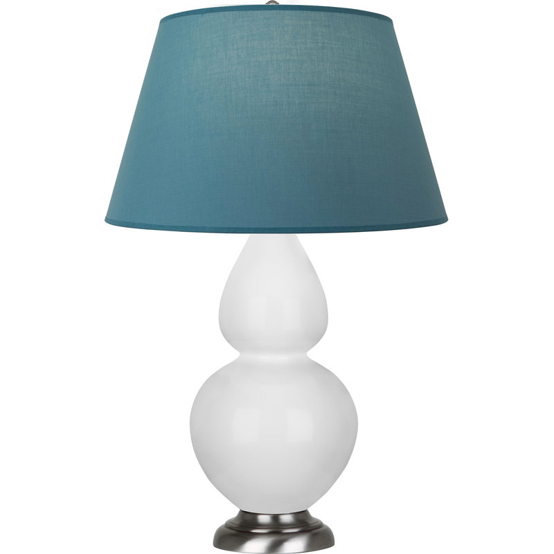 Lampe de table double gourde en céramique, Bleu vif / gris, Marguerite émaillée / argent antique, Argent argent
