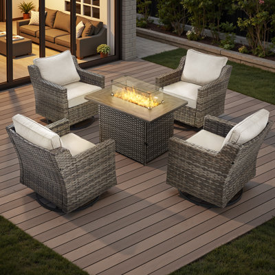 5 Piece Wicker Outdoor Furniture Set With Comfy Cushions, High Back Patio Furniture Set With Swivel Rocking Chairs And Fire Pit Table