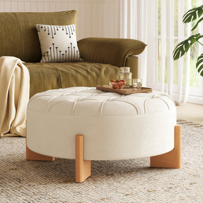Repose-pieds rond capitonné 32 po avec pieds en bois massif, table basse moderne avec boutons capitonnés, lignes passepoilées, repose-pieds en chenille pour le salon