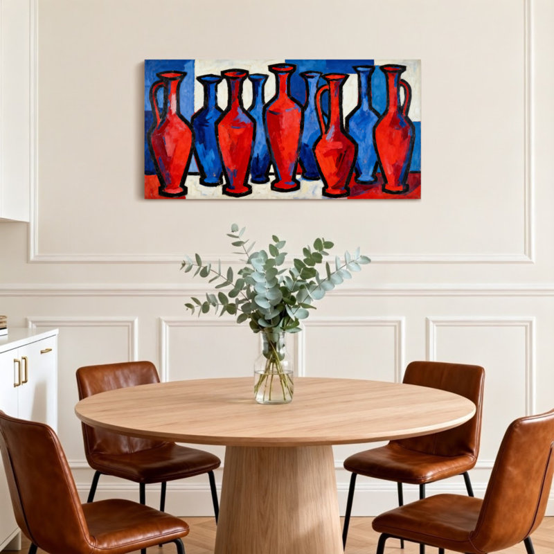 Motif abstrait de vases rouges et bleus, H 16 po x l 32 po