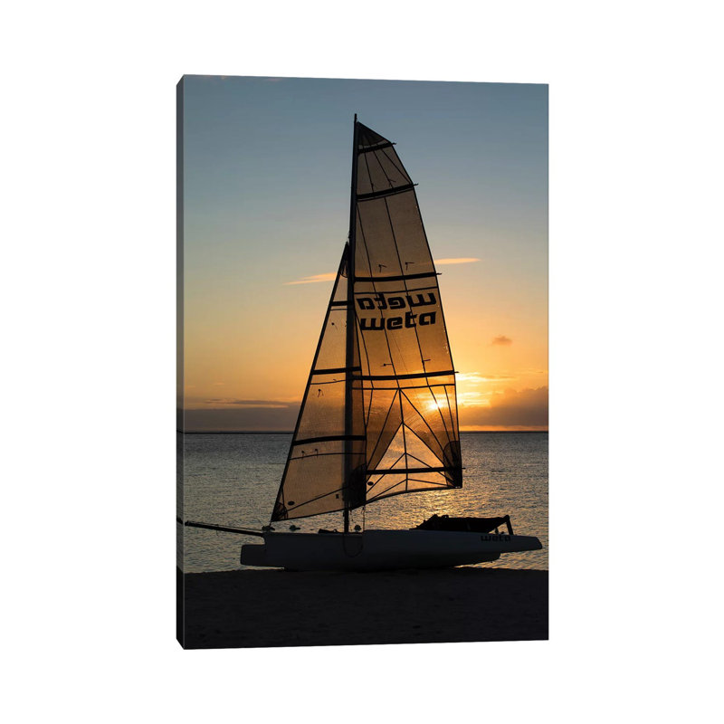 Boat On The Beach At Sunset, Bora Bora, Society Islands, French Polynesia - Wrapped Canvas Print, 152.5 cm H x 101.5 cm W