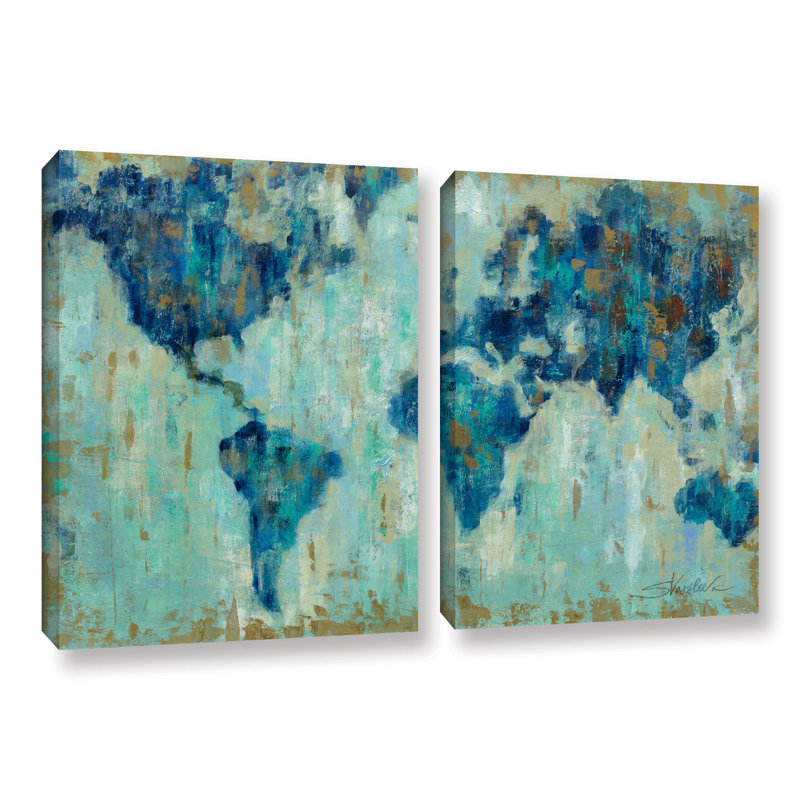 Map of the World by Silvia Vassileva 2 Piece Print Set on Canvas, Wrapped Canvas, 32" H x 48" W x 2" D