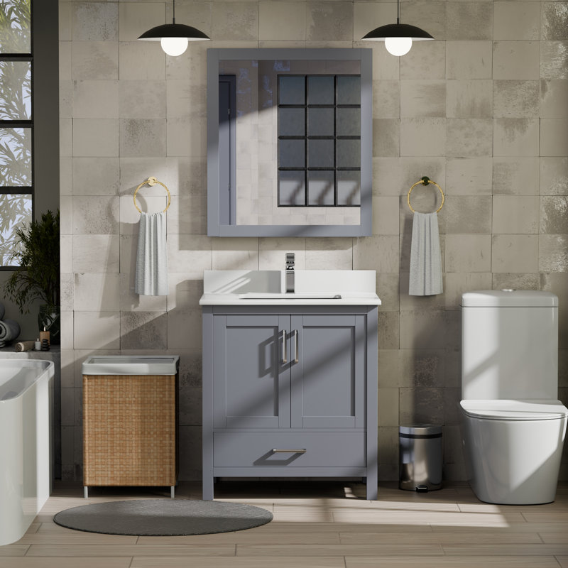 Jacques 30 in. W x 22 in. D Bath Vanity, Faucet Set, and 28 in. Mirror, Dark Gray, White Cultured Marble