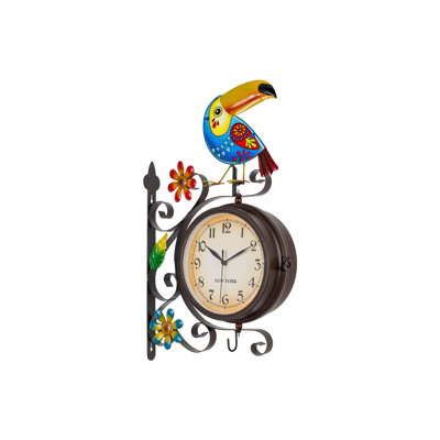 Horloge d'intérieur rétro vintage - Horloge murale silencieuse à double face non touchante avec décor toucan imperméable pour le jardin, le patio, la cour, la maison de campagne (bleu)